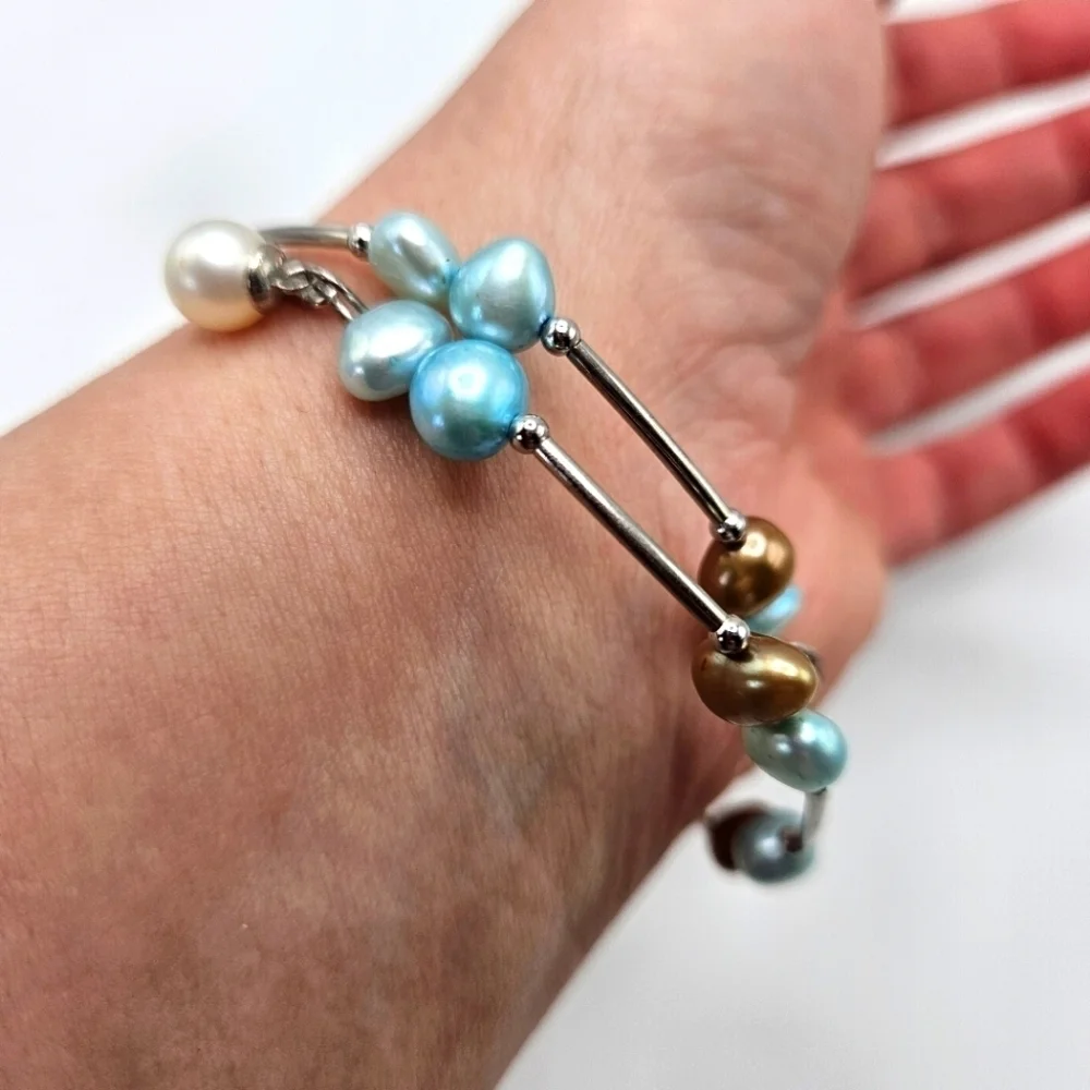 Vantel Pearls Blue Silver Tone Wrap Bracelet Signed